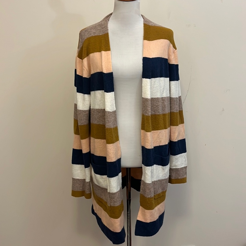 Striped Open-Front Cardigan Sweater - Navy, Mustard & Blush